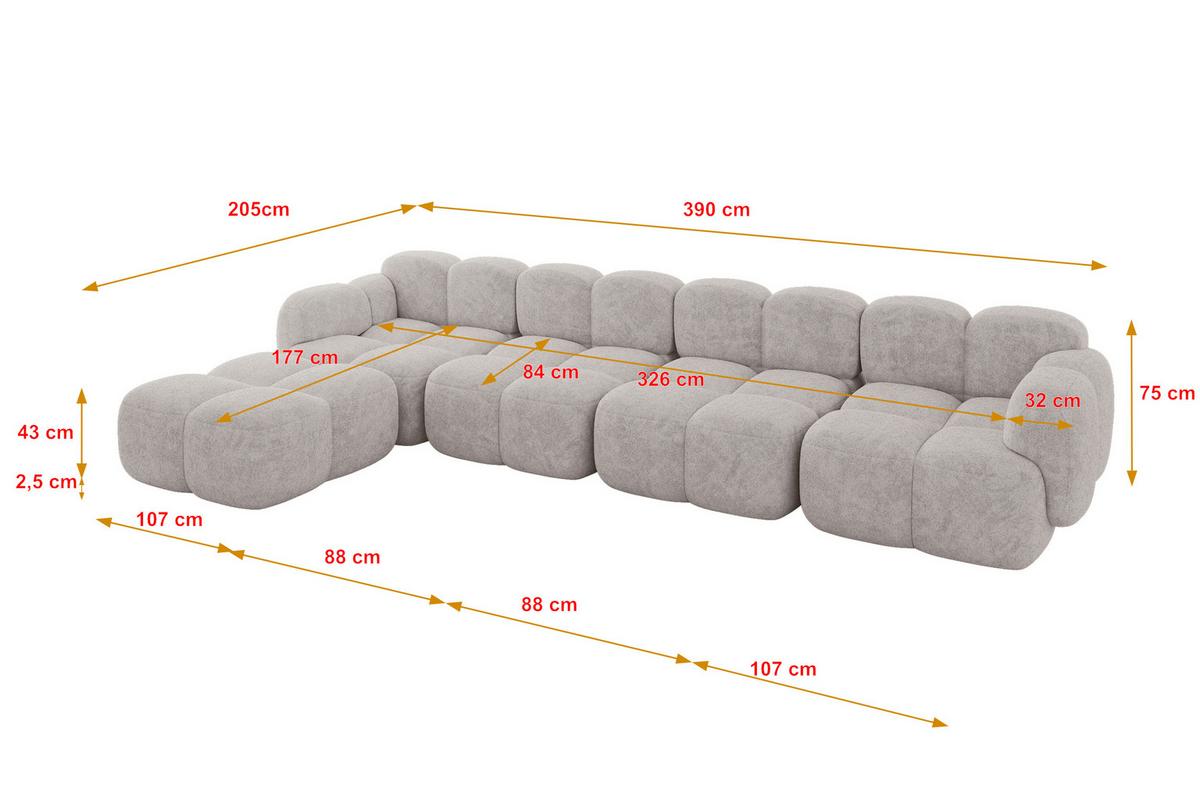 ECKSOFA modulares Sofa Links Miko-L3 390x205x75 Hellgrau Velours - Hellgrau/Schwarz, Holzwerkstoff/Kunststoff (390/205cm) - ALTDECOR