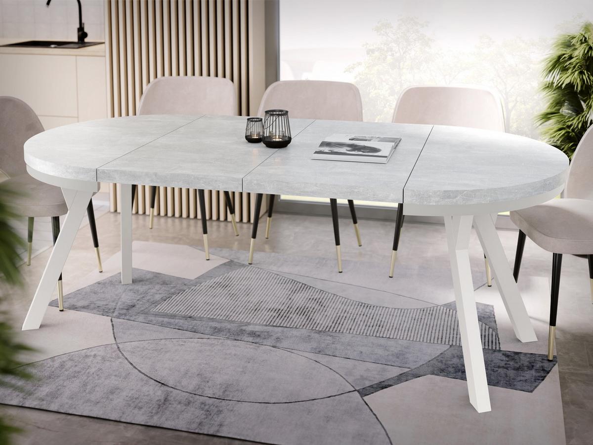 ESSTISCH Lume Weiß runder ausziehbarer, Grauer Beton 100-200/100/76 cm - Hellgrau/Weiß, Holz/Holzwerkstoff (100/200/76cm) - WFL GROUP