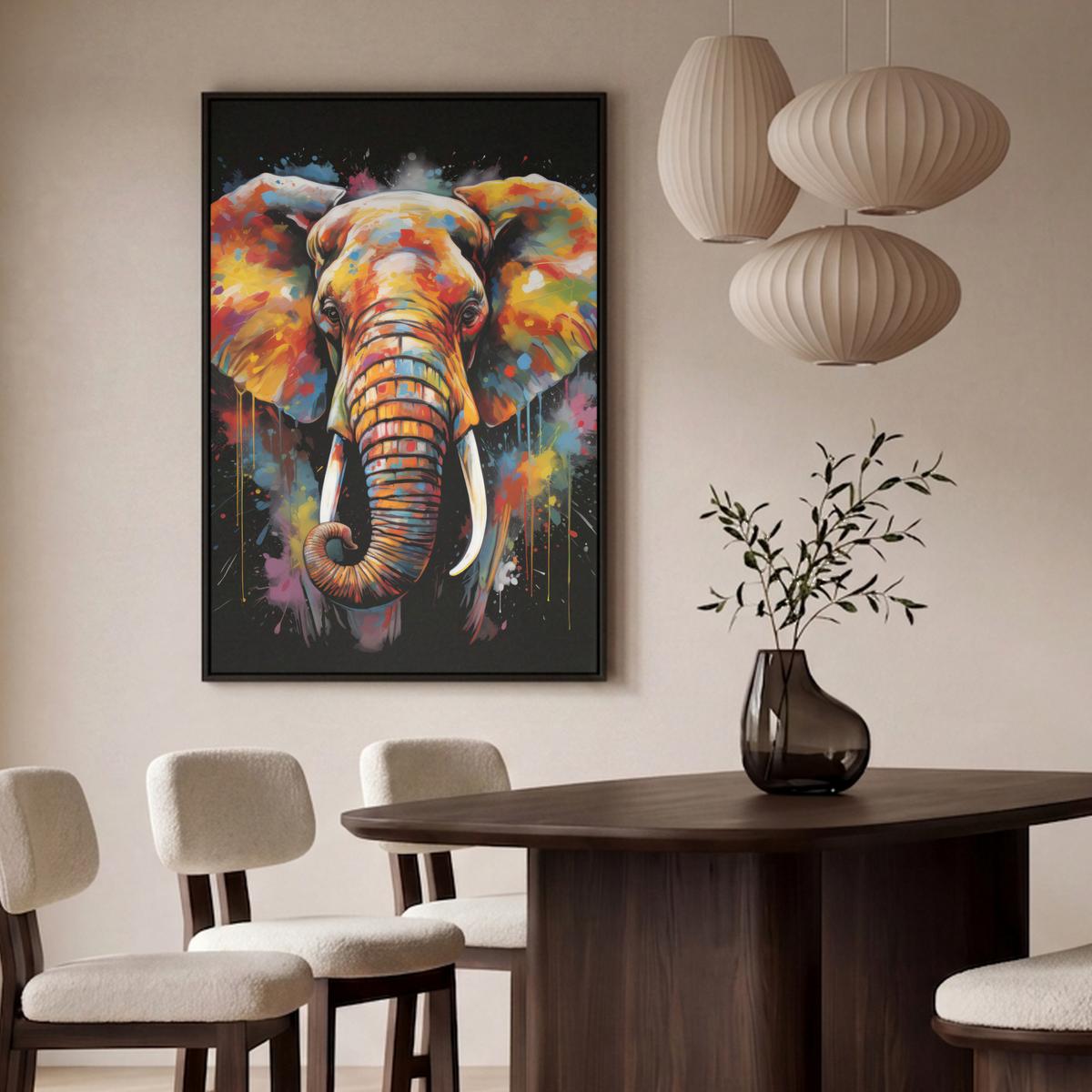 LEINWAND Bilder mit Rahmen - Elefant - Graffiti - Schwarz - Tiere - Farben - 90x140 - Schwarz, Textil (90/140cm) - MuchoWow