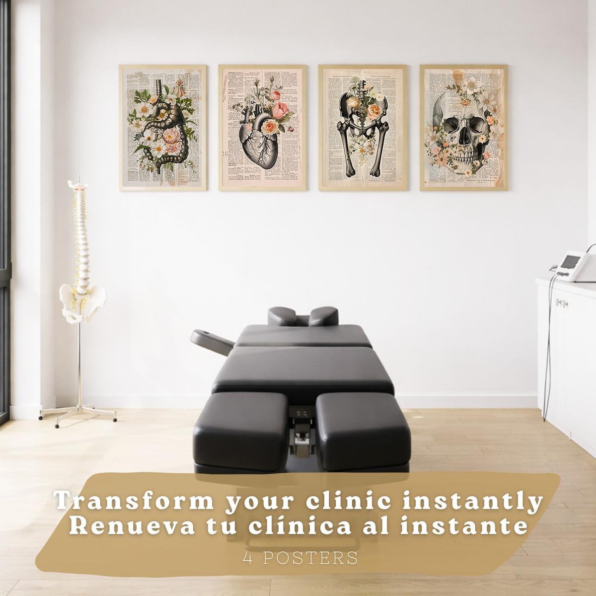 POSTER Set aus 4 Anatomie Mensch Botanische Drucke und mit Organen Herz Verdauungssystem Schädel und Becken Heimdekoration Leichter Holzrahmen A4 - Beige, Papier (21/29.7/3cm) - Nacnic