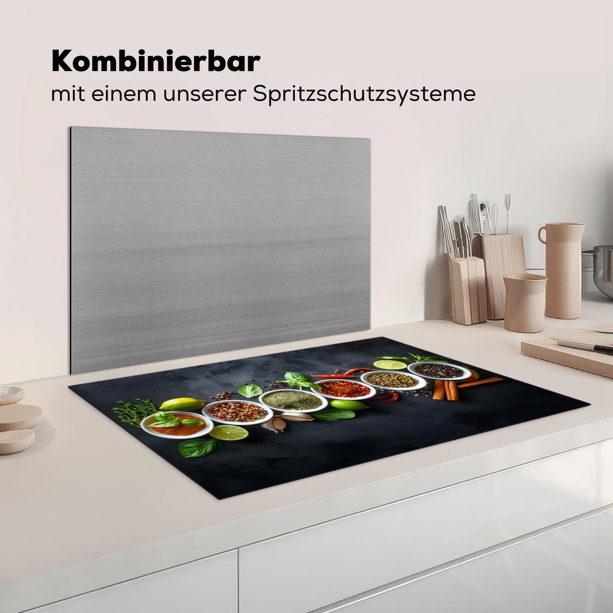 HERDABDECKPLATTE Kräuter - Gewürze - Konkrete Optik - Stilleben Induktionsschutz 81.6x52.7 cm - Multicolor, Kunststoff (81.6/52.7/0.2cm) - MuchoWow