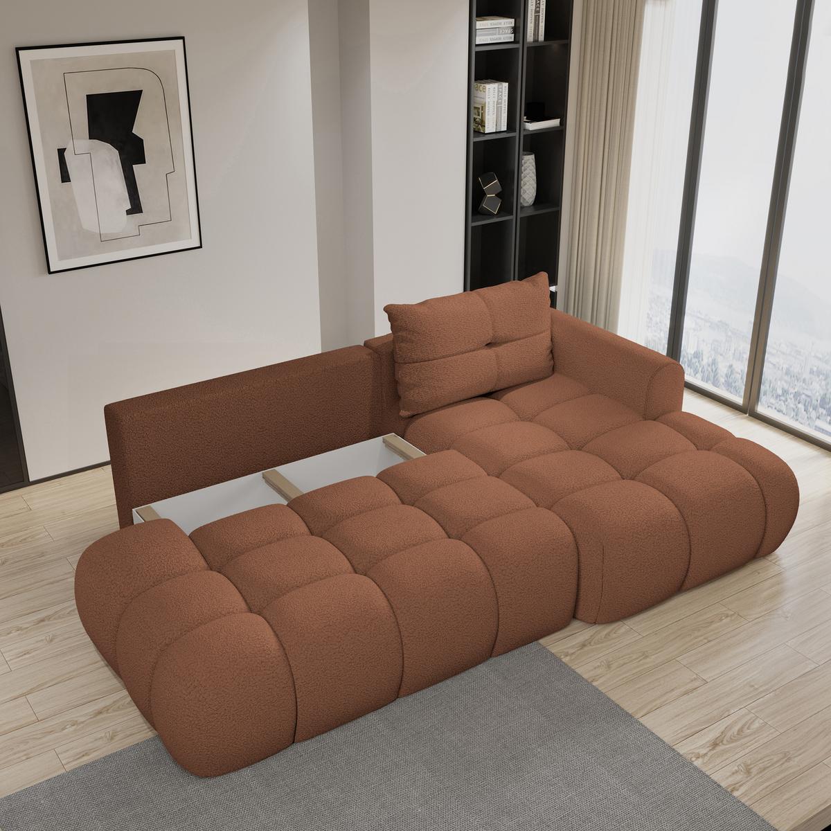 ECKSOFA FLUMA R-S Kupferfarben Boucle-Stoff mit Schlaffunktion - Kupferfarben, Holz (279/158cm) - MASSENO