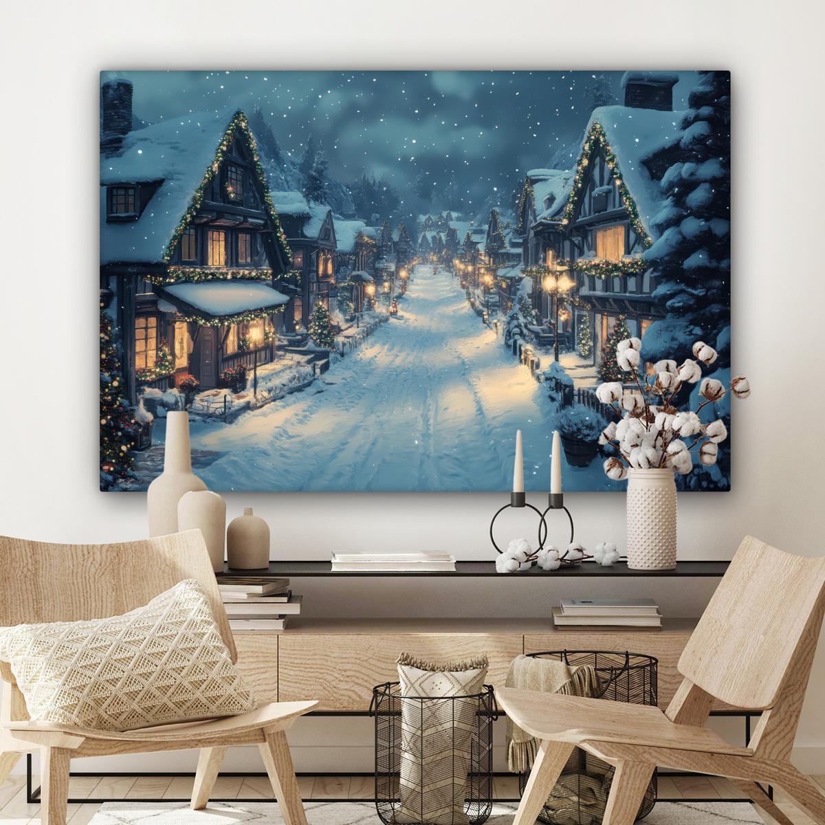 LEINWANDBILD Weihnachtsdorf - Weihnachten - Schnee - Winter XXL 150x100 cm - Dunkelblau, Textil (150/100cm) - MuchoWow