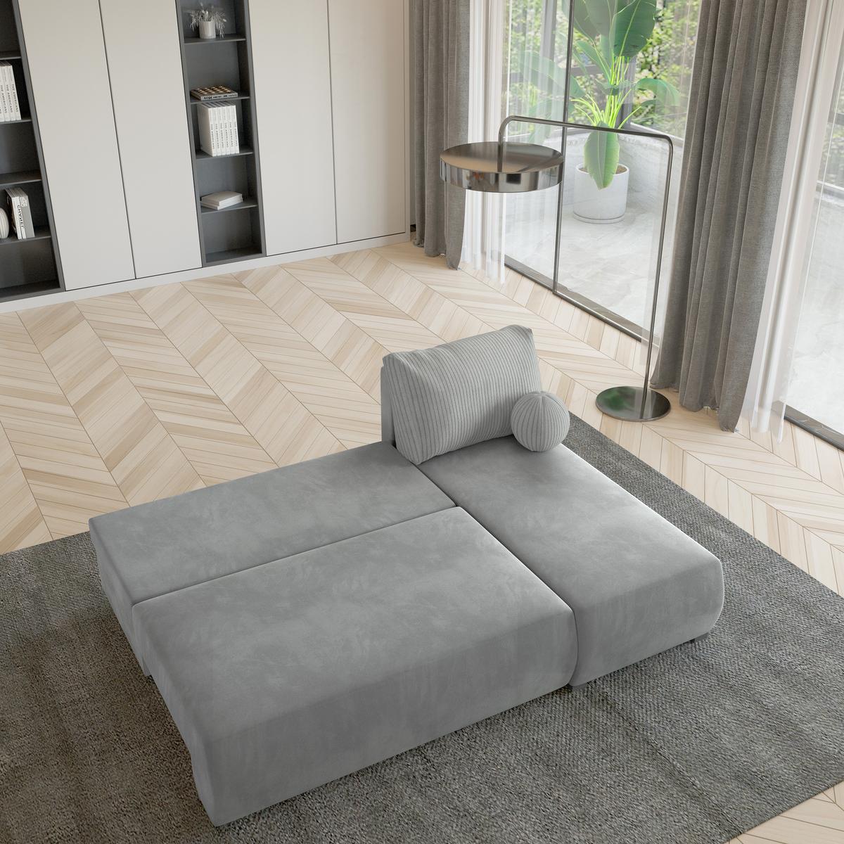 ECKSOFA PARVELO Hellgrau Plüsch-Stoff mit Schlaffunktion - Hellgrau, Holz (200/143cm) - MASSENO