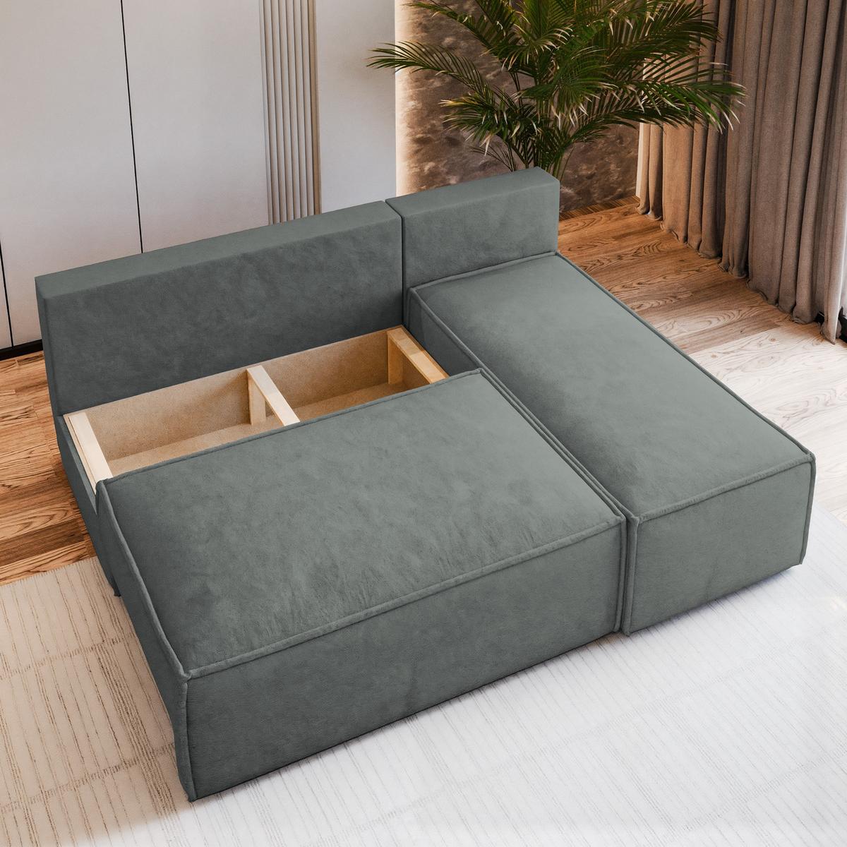 ECKSOFA BRISO M Grau Velours-Stoff mit Schlaffunktion - Grau, Holz/Kunststoff (200/140cm) - MASSENO