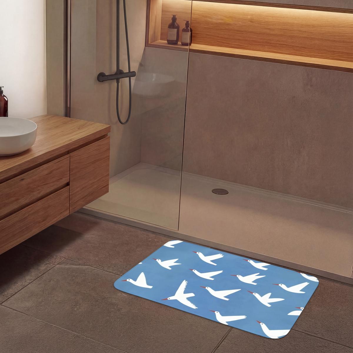 BADEMATTE Vögel - Weiß - Muster 90x60 cm - Blau, Textil (90/60cm) - OnlyWow