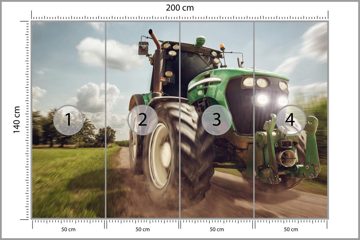 FOTOTAPETE Fahrender Traktor Bäume Vegetation Landwirtschaft 200x140 - Schwarz/Weiß, Papier (200/140cm) - Muralo