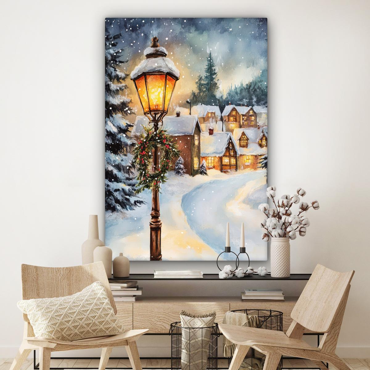 LEINWANDBILD Weihnachtsdorf - Häuser - Schnee - Weihnachten Deko Groß 90x140 cm - Sandfarben, Textil (90/140cm) - MuchoWow