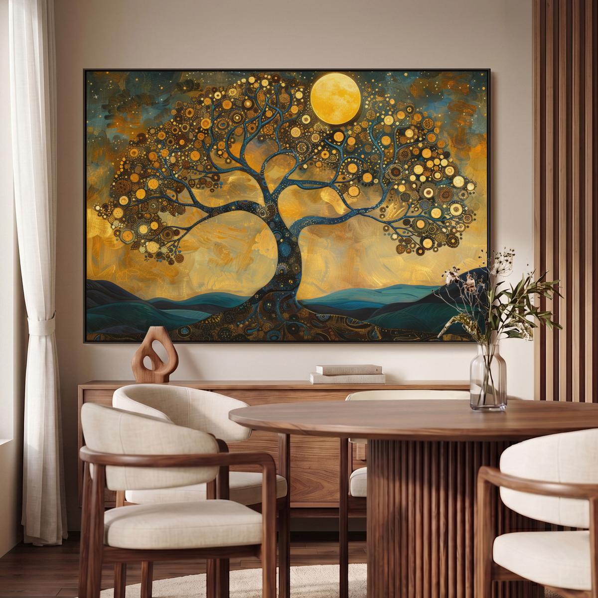 LEINWAND Bilder mit Rahmen - Baum - Mond - Blumen - Gold - Kunst - 150x100 - Orange, Textil (150/100cm) - MuchoWow