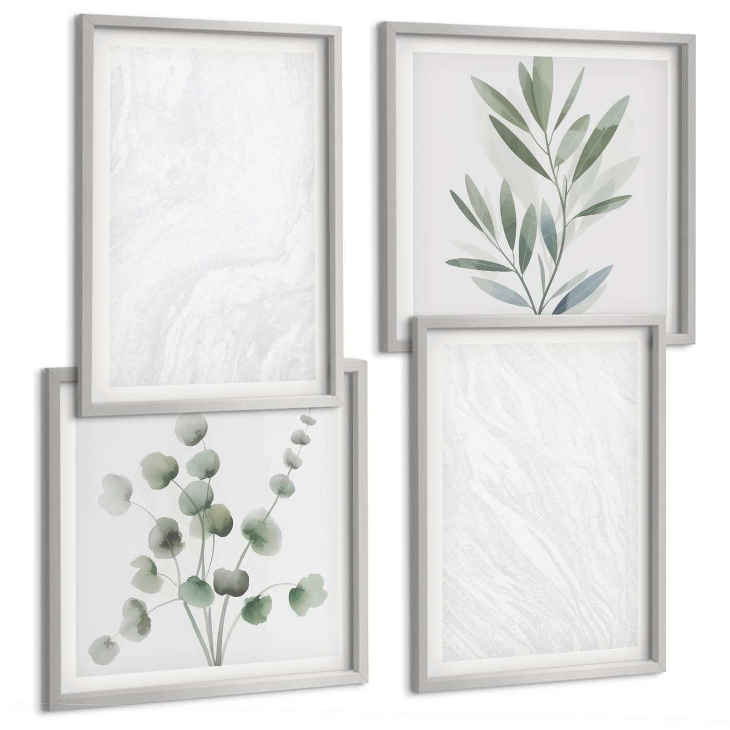 BILDER SET 4er Set - 50x50 cm & 40x60 cm Silberner Rahmen - Marmorstruktur, pastellfarbene Zweige - Silberfarben, Kunststoff (50/50cm) - TULUP