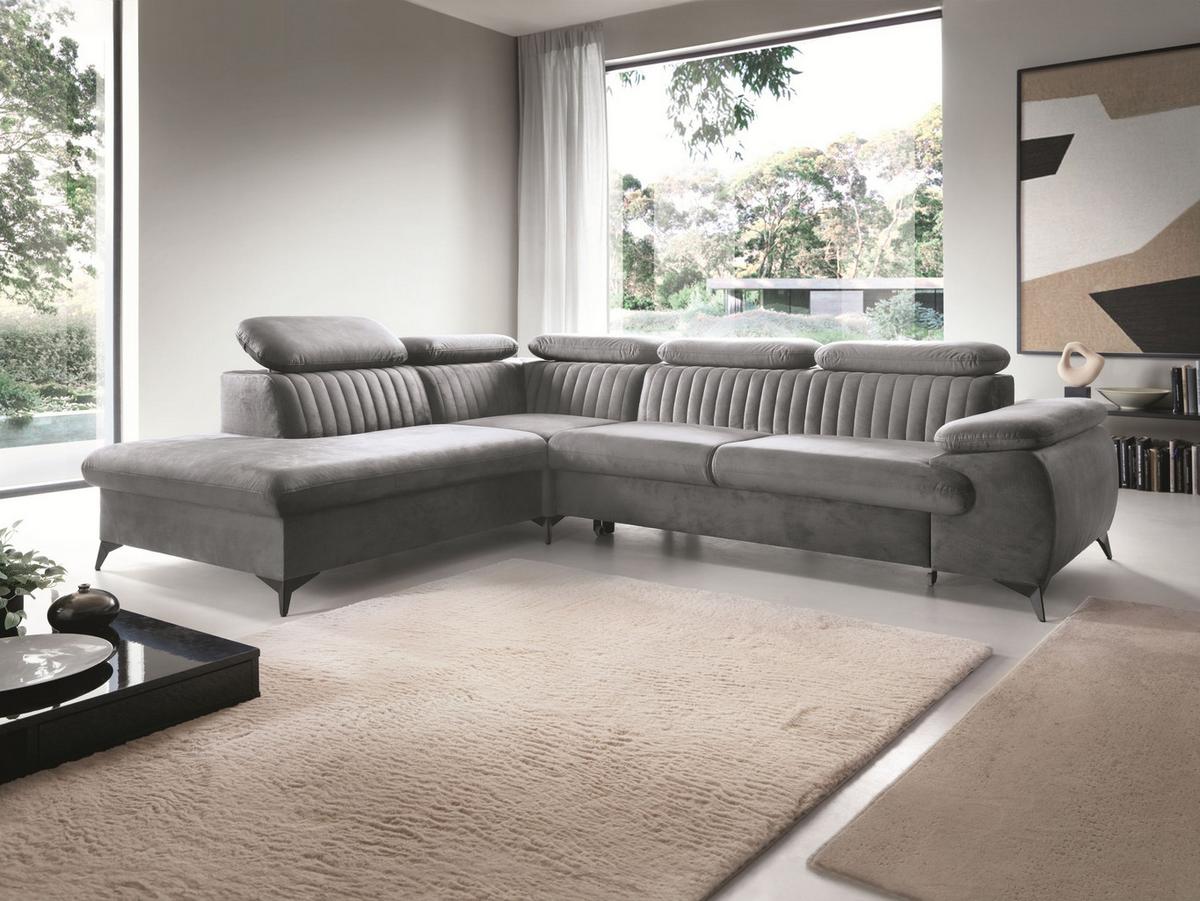 ECKSOFA FIORE Grau Velours-Stoff mit Schlaffunktion - Grau, Holz (280/193cm) - MASSENO