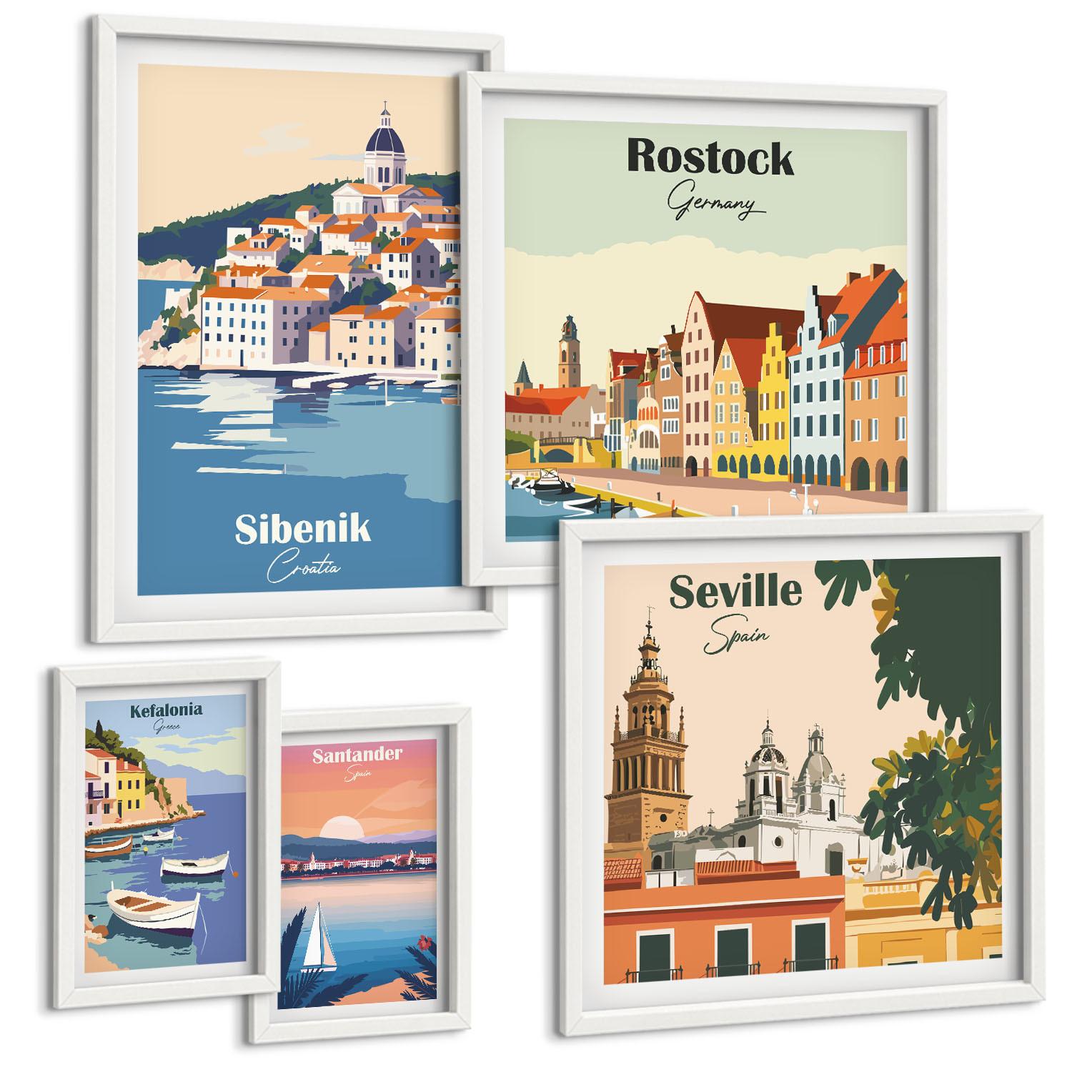 BILDER SET 5er Set - 50x50 cm & 20x30 cm & 40x60 cm Weißer Rahmen - Berglandschaften und Städte - Weiß, Kunststoff (40/60cm) - TULUP
