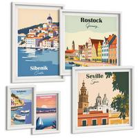 BILDER SET 5er Set - 50x50 cm & 20x30 cm & 40x60 cm Weißer Rahmen - Berglandschaften und Städte - Weiß, Kunststoff (40/60cm) - TULUP