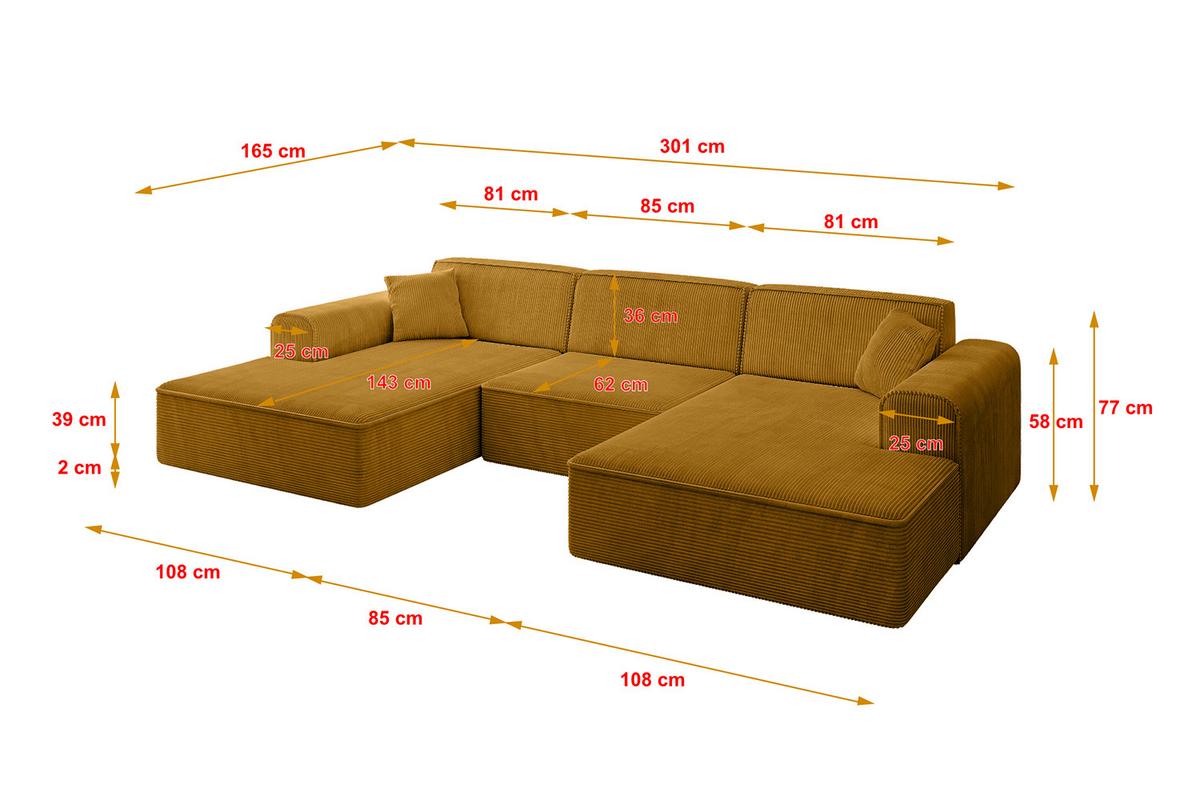 WOHNLANDSCHAFT IREA-U1-v3 - 301x165x77 cm Senfgelb - Dunkelgelb/Grün, Holzwerkstoff/Textil (301/77/165cm) - ALTDECOR