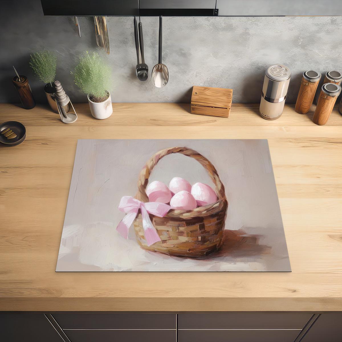 HERDABDECKPLATTE Korb - Eier - Rosa Herdabdeckung Induktionsfeld 65x52 cm - Beige, Kunststoff (65/52/0.2cm) - MuchoWow