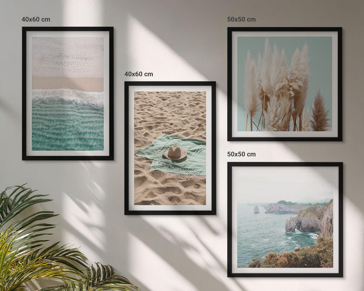 BILDER SET 4er Set - 50x50 cm & 40x60 cm Schwarzer Rahmen - Strandwellen Grashut - Schwarz, Kunststoff (50/50cm) - TULUP