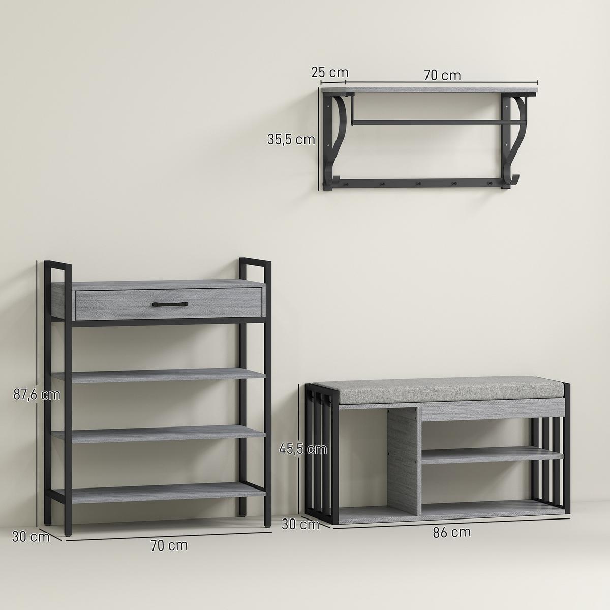 SCHUHREGAL 4 Ebenen Wandgarderobe mit Ablage 5 Haken und Stange gepolstert - Schwarz/Grau, Holzwerkstoff/Metall (30/87.6/70cm) - HOMCOM