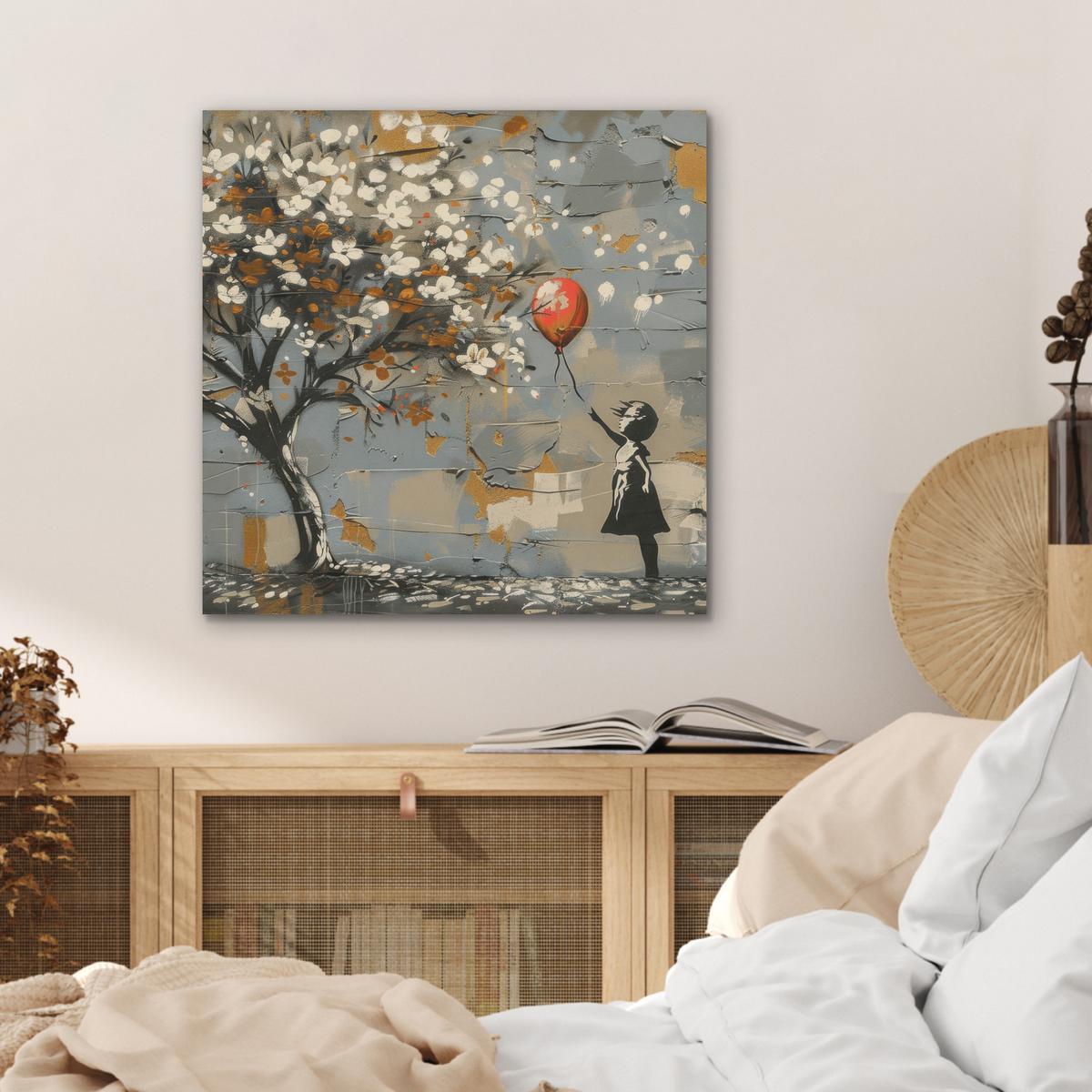 AKUSTIKBILD Baum - Graffiti - Banksy-Stil - Ballon-Mädchen Wandbilder 60x60 cm - Blaugrau, Kunststoff (60/60/0.9cm) - MuchoWow