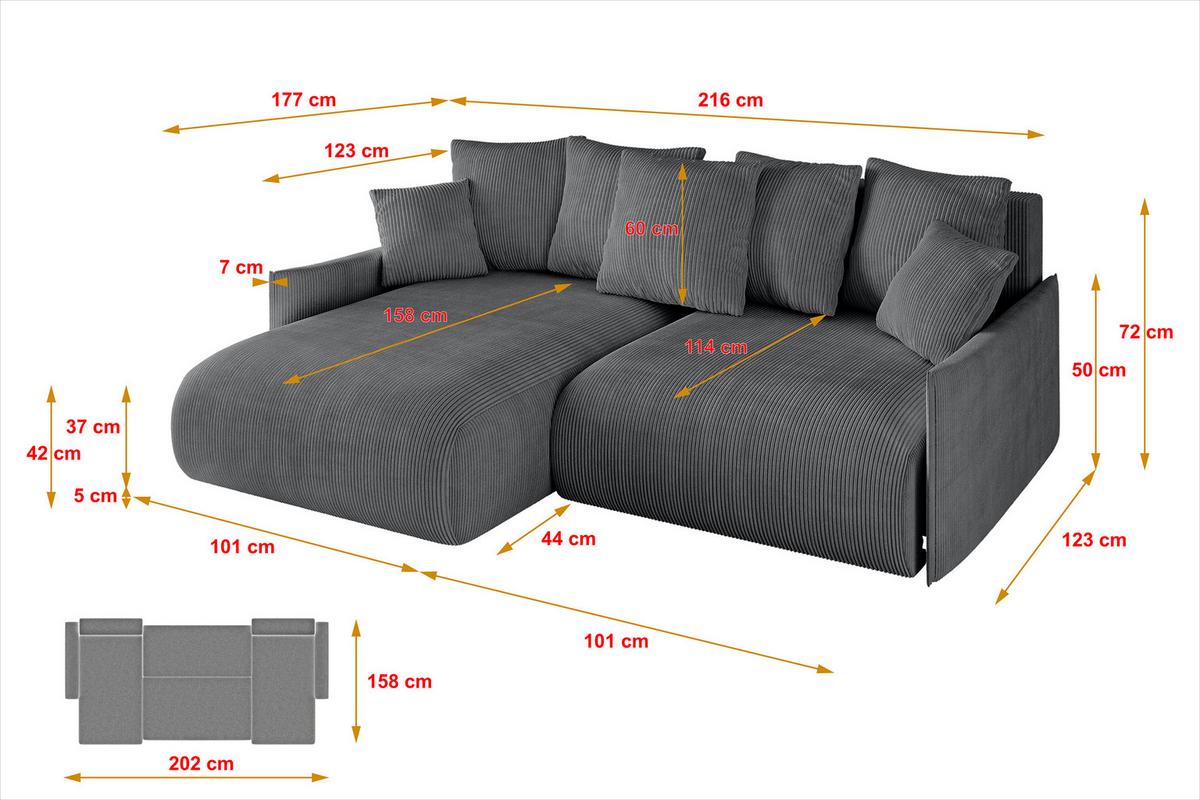 ECKSOFA Ottomane links ONESK-L -v1 216x177x72 Dunkelgrau Cord - Dunkelgrau, Holzwerkstoff/Kunststoff (216/177cm) - ALTDECOR