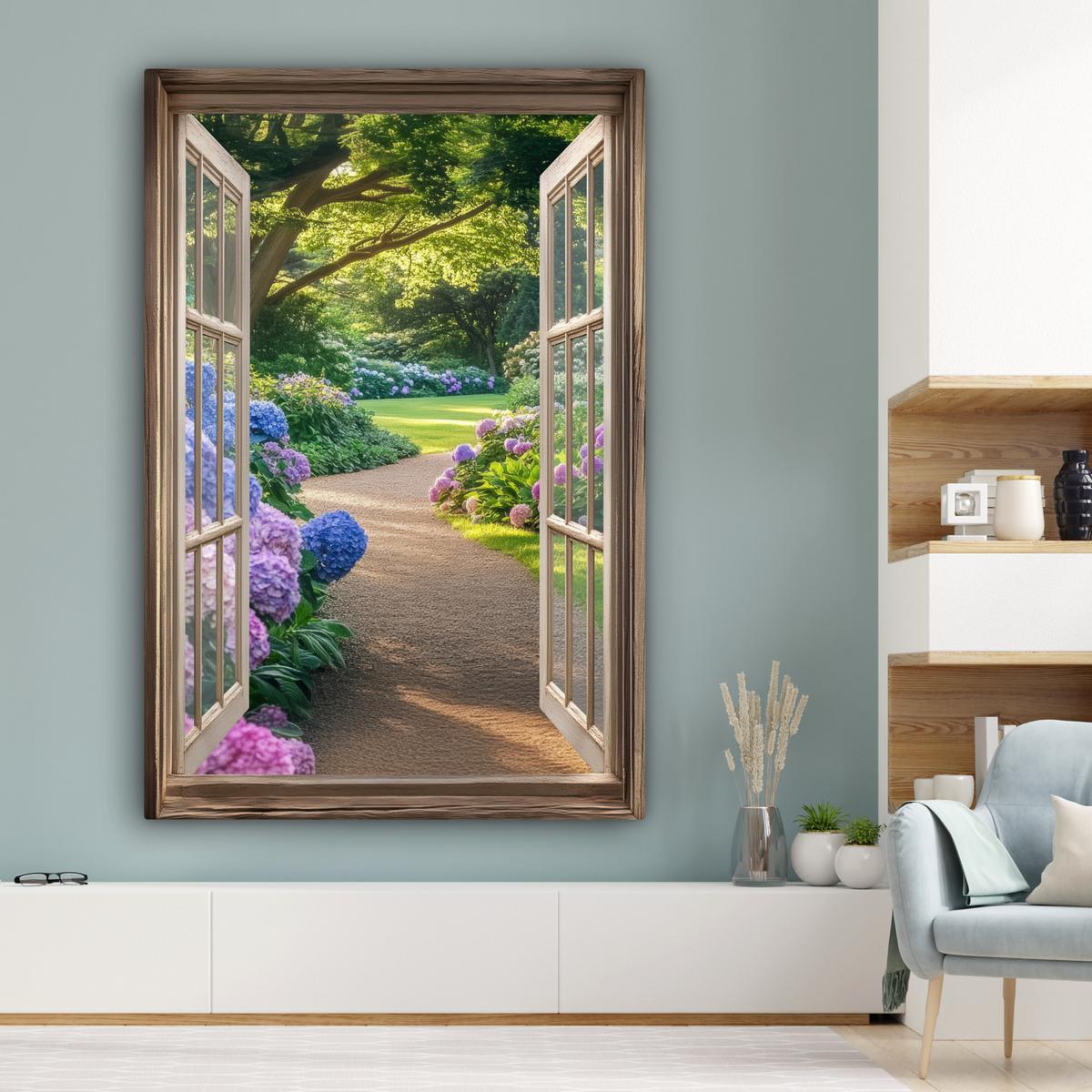 LEINWANDBILD Aussicht - Garten - Fenster - Hortensie - Blumen Deko Groß 90x140 cm - Pastellblau, Textil (90/140cm) - MuchoWow