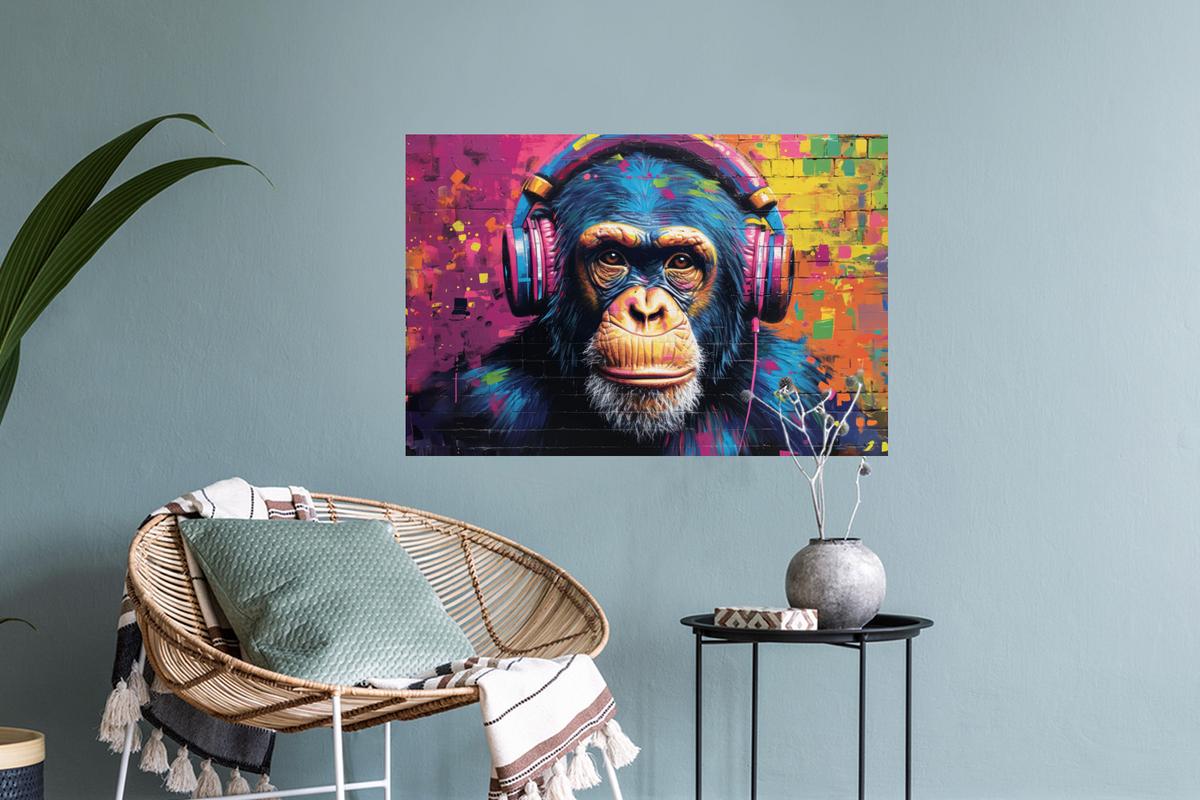 WANDTATTOO Graffiti - Schimpanse - Straßenkunst - Kopfhörer - Affe Deko Wohnzimmer 60x40 cm - Blau, Kunststoff (60/40/0.1cm) - MuchoWow