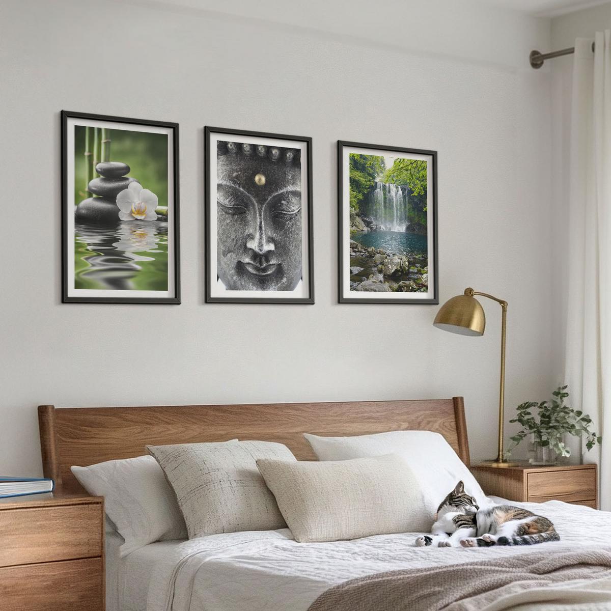 BILDER SET 3er Set - 40x60 cm Schwarzer Rahmen - Harmoniesteine Wasser Buddha - Schwarz, Kunststoff (40/60cm) - TULUP