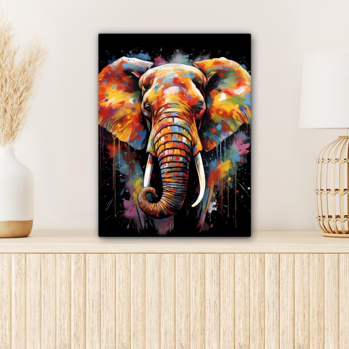 LEINWANDBILD Elefant - Graffiti - Schwarz - Tiere - Farben Room Decor 30x40 cm - Schwarz, Textil (30/40cm) - MuchoWow