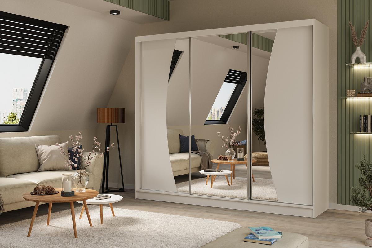 KLEIDERSCHRANK mit Spiegel-Schiebetüren und Aluminium-Leisten, LED-Beleuchtung - VOXI - 240 cm Weiß - Weiß, Holzwerkstoff (240/216/61cm) - ALTDECOR