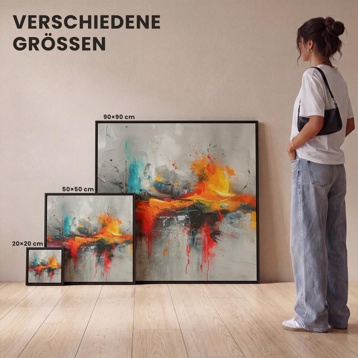 LEINWAND Bilder mit Rahmen - Moderne Kunst - Orange - Grau - Abstrakt - 90x90 - Hellgrau, Textil (90/90cm) - MuchoWow