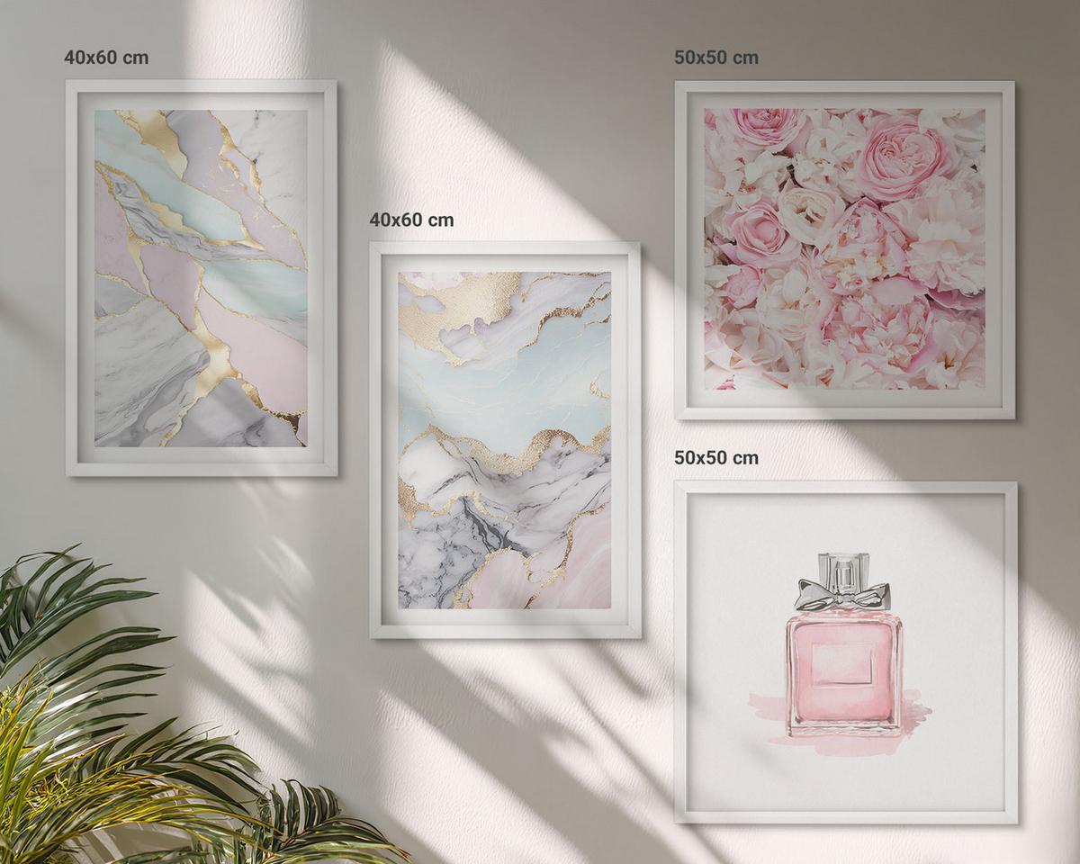 BILDER SET 4er Set - 50x50 cm & 40x60 cm Weißer Rahmen - Rosa Blumen Marmor Pastell - Weiß, Kunststoff (50/50cm) - TULUP
