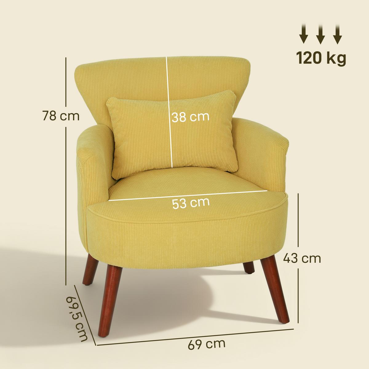 SESSEL mit Rückenlehne, abgerundeten Armlehnen Gepolstert Loungesessel Kordoptik - Gelb, Holz/Textil (69/78/69.5cm) - HOMCOM