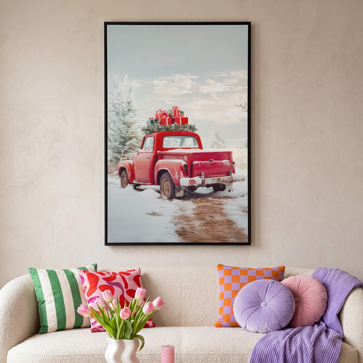 LEINWAND Bilder mit Rahmen - Auto - Rot - Geschenke - Winter - Schnee - Weihnachten - 90x140 - Rot, Textil (90/140cm) - MuchoWow