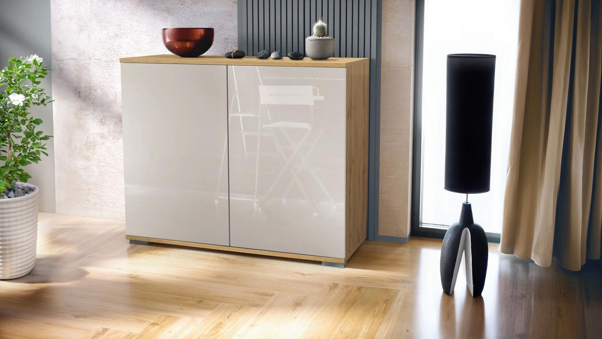 KOMMODE Skadu Sandgrau Hochglanz - Sandfarben, Holzwerkstoff (92.5/75.5/35cm) - Vladon