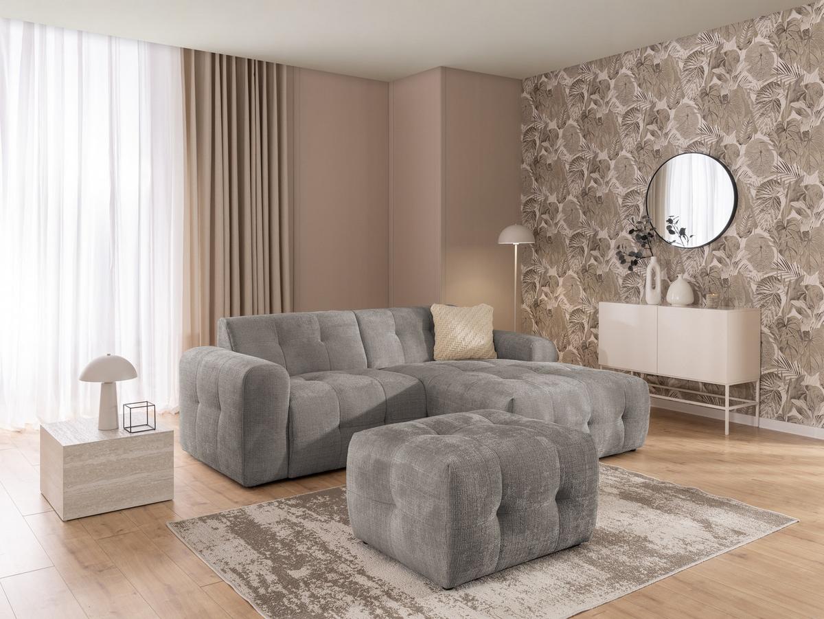 ECKSOFA inkl. Hocker Kozy im Bumpy-Design mit Schlaffunktion und fester Rückenlehne aus weichem Taupe Chenille-Stoff - Ottomane rechts - Taupe/Schwarz, Holz/Kunststoff (234/161cm) - S-Style