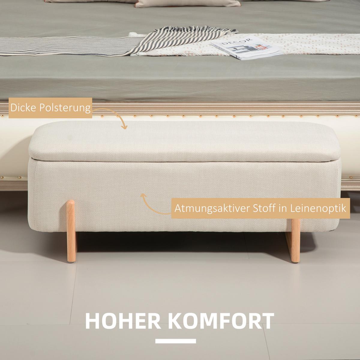 TRUHENBANK mit Leinenoptik, Holzbeine, Creme - Buchefarben/Creme, Kunststoff/Buchenholz (44/44.5/111cm) - HOMCOM