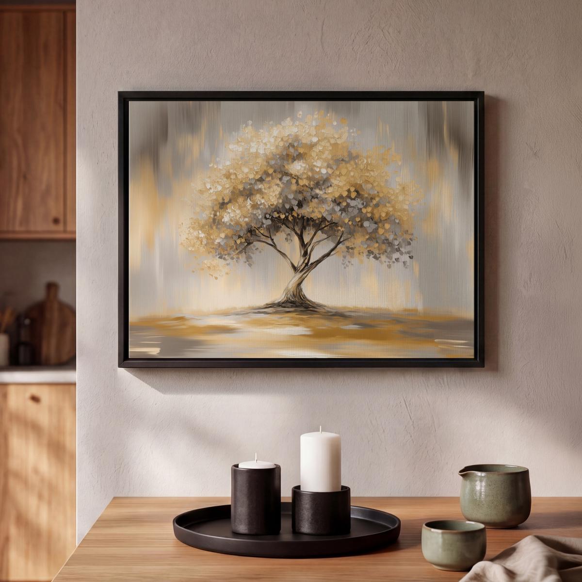 LEINWAND Bilder mit Rahmen - Gemälde - Baum - Abstrakt - Blätter - 40x30 - Beige, Textil (40/30cm) - MuchoWow