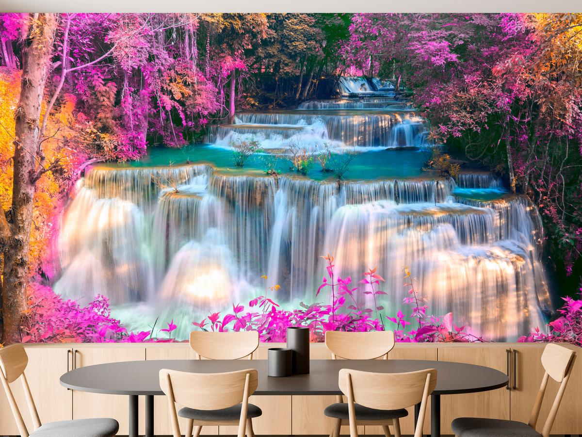 FOTOTAPETE für Schlafzimmer Wasserfall Pinker Wald Fantasie 300x210 - Türkis/Beige, Papier (300/210cm) - Muralo