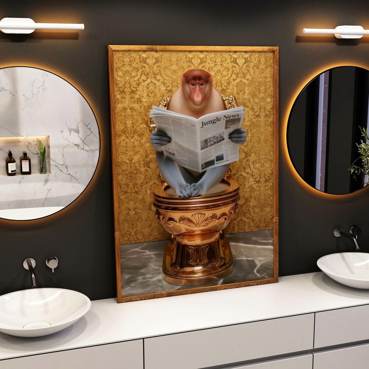 POSTER für WC Badezimmer NASENAFFE mit Zeitung Goldene Toilette Abstraktion 30x40cm - Multicolor, Papier (30/40/40cm) - Muralo