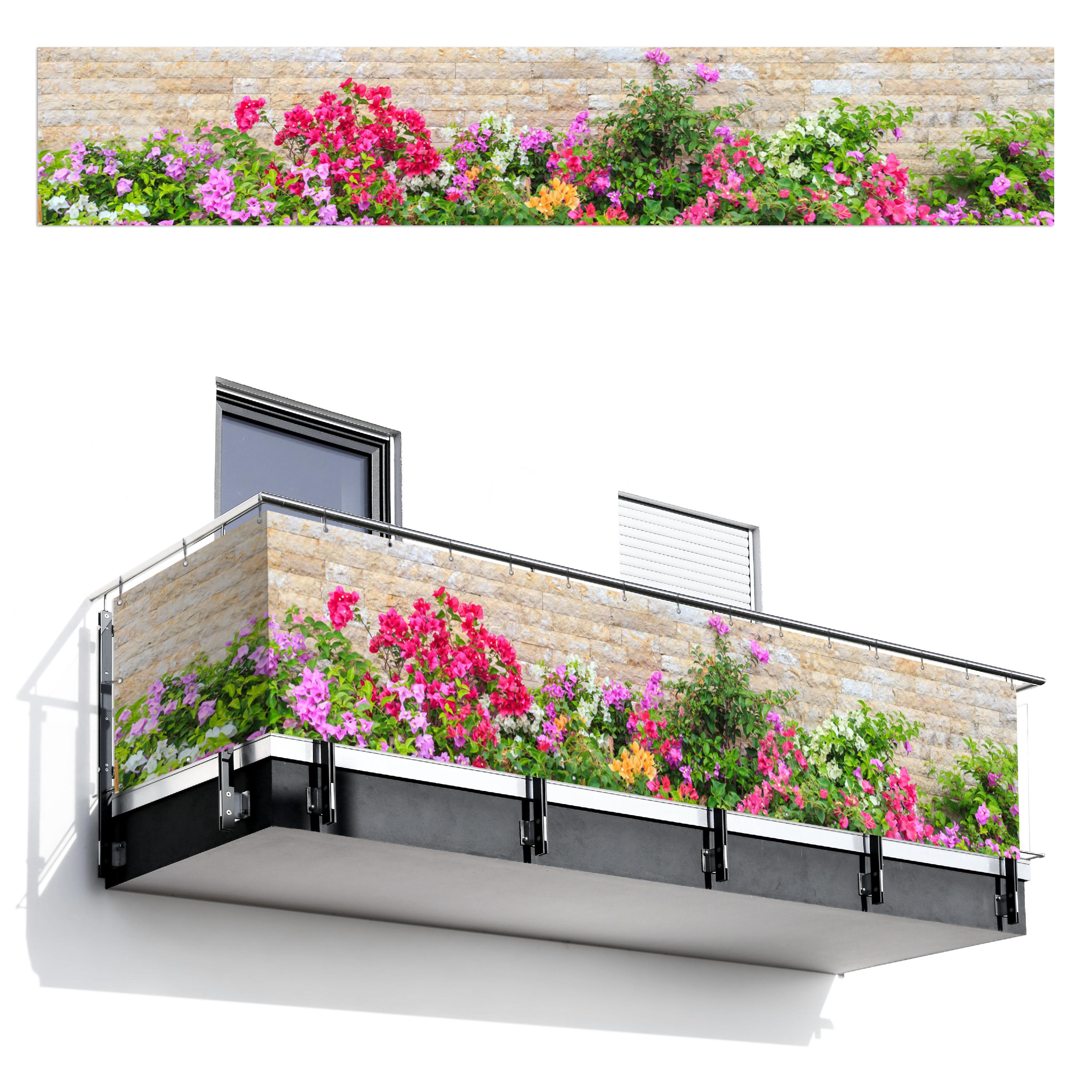 BALKON-SICHTSCHUTZ Blumen - Pflanzen - Blätter - Steine Groß 500x90 cm - Pink, Kunststoff (500/90cm) - MuchoWow