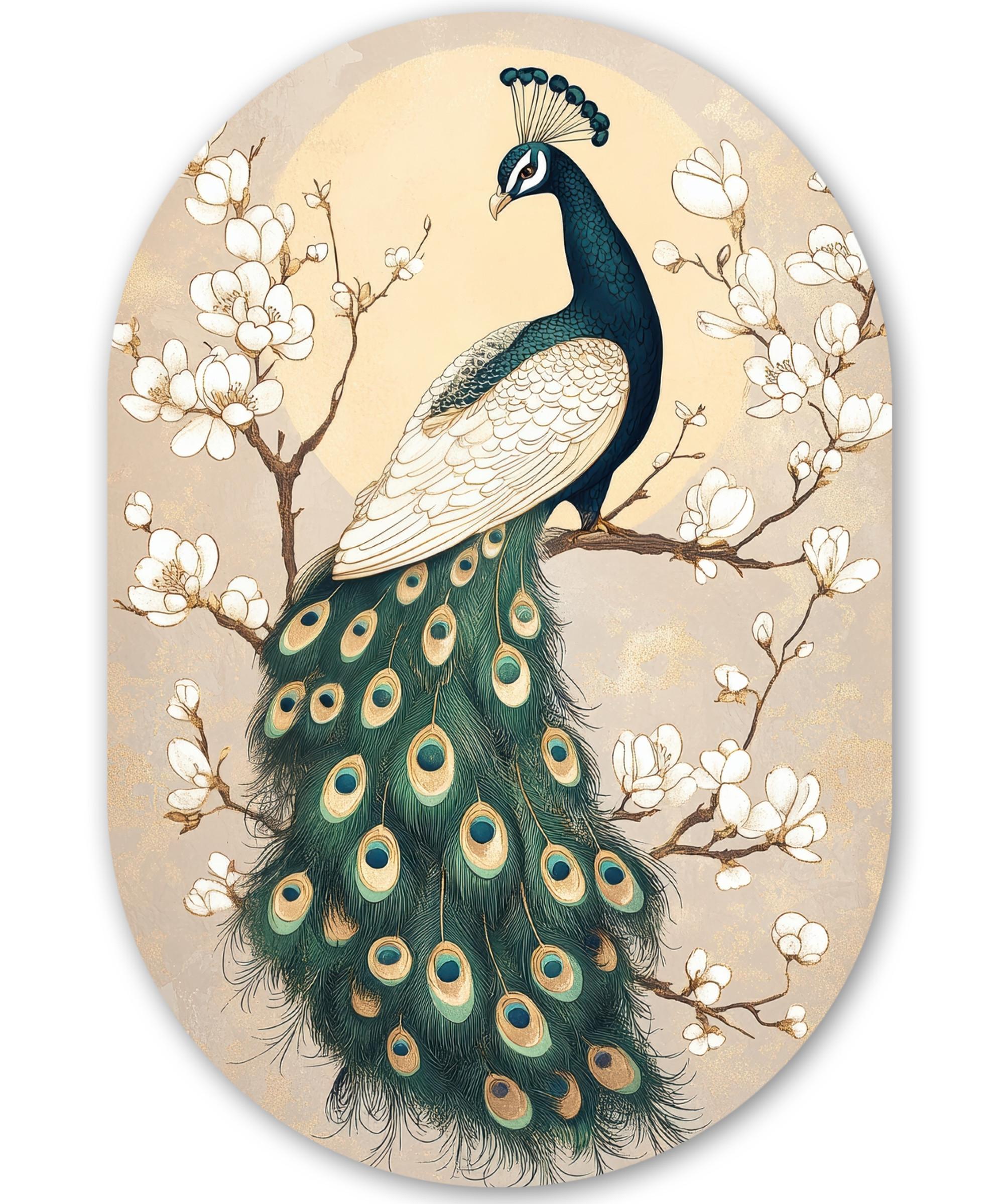 WANDBILD Pfau - Zweig - Blumen Deko Wohnzimmer 40x60 cm - Champagner, Kunststoff (40/60cm) - MuchoWow