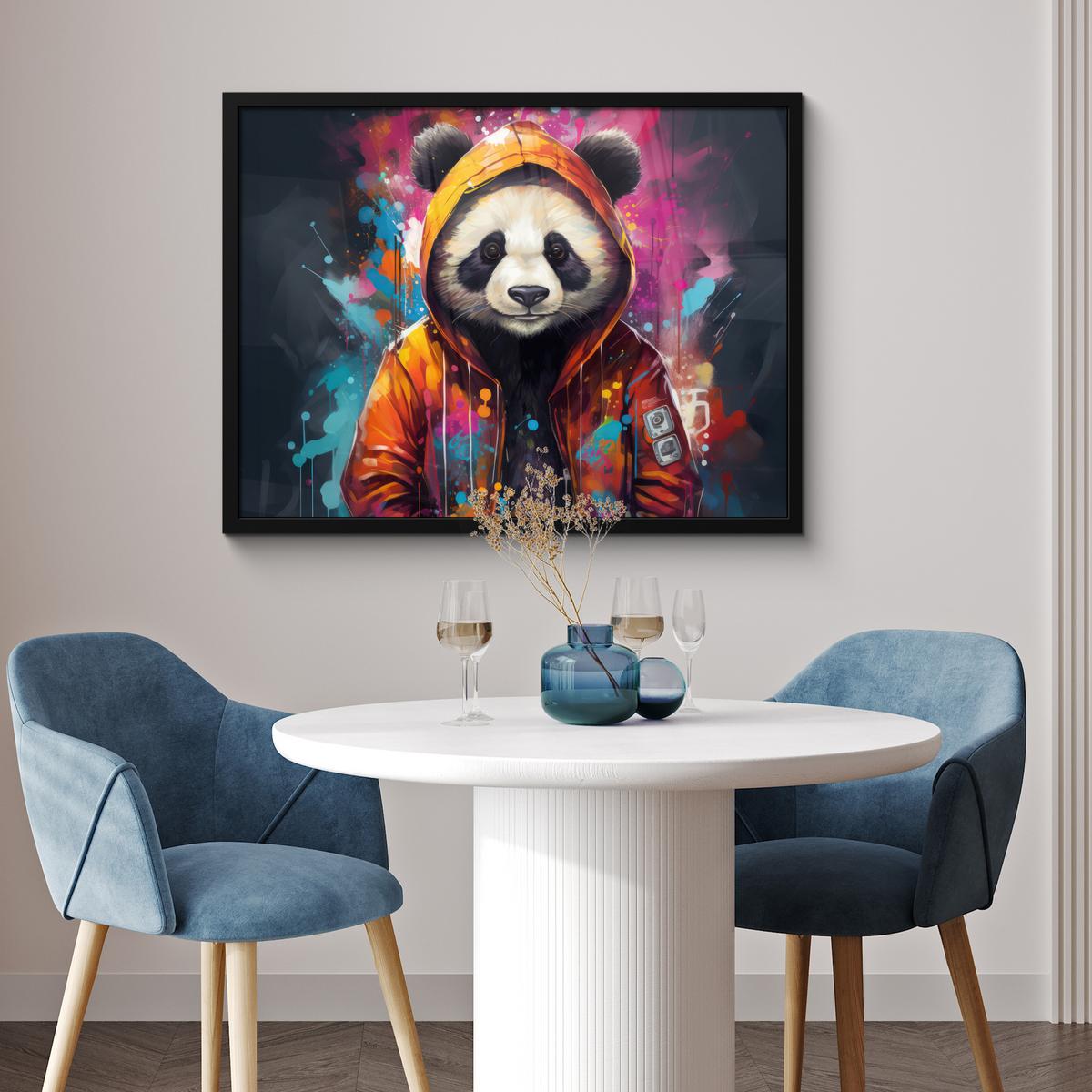 POSTER MIT RAHMENGERAHMTES BILD Panda - Jacke - Graffiti - Orange 80x60 cm - Orange, Papier (80/60cm) - MuchoWow