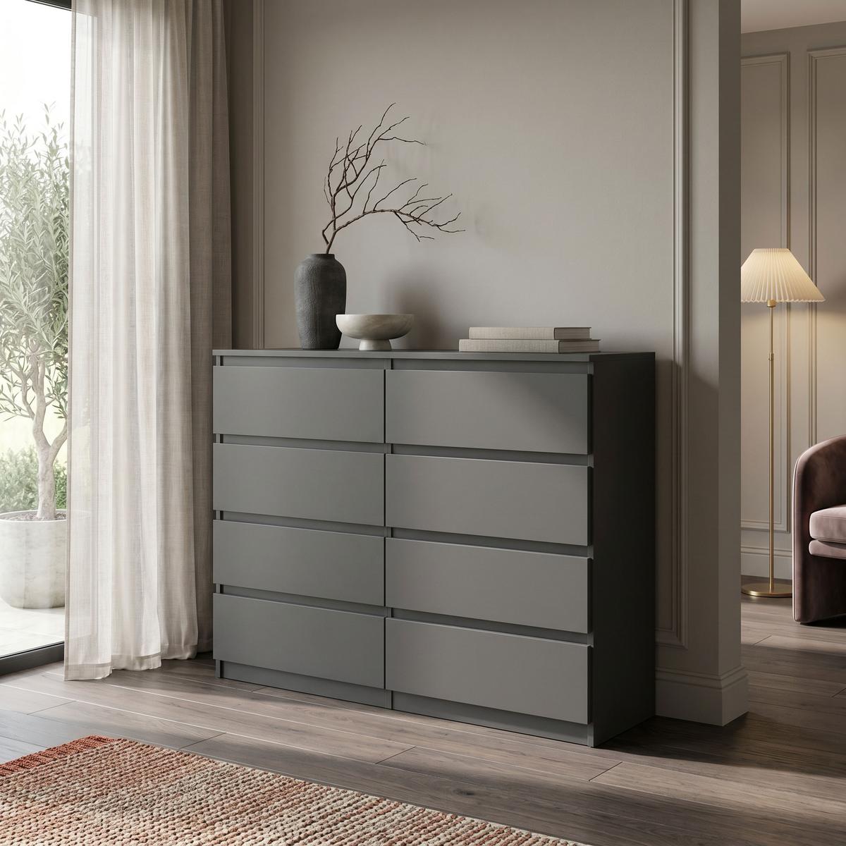 KOMMODE NUDO 120/101,5/39cm mit 8 Schubladen Türen Anthrazit - Anthrazit, Holzwerkstoff (120/101.5/39cm) - MASSENO