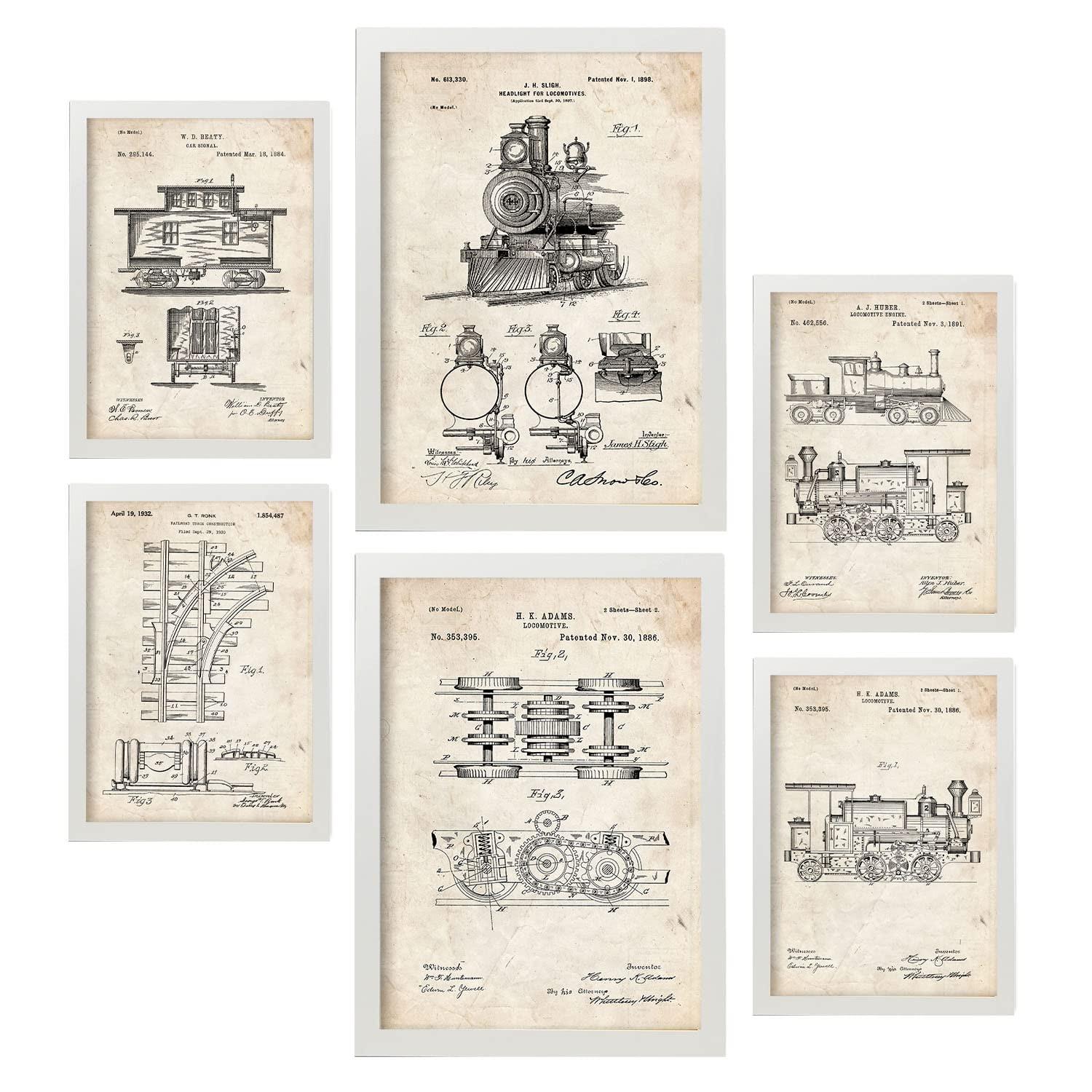 POSTER Set Mit 6 Plakaten Mit Zug Patenten Im Vintage Stil A3 & A4 Weißer Rahmen - Weiß, Papier (29/3cm) - Nacnic