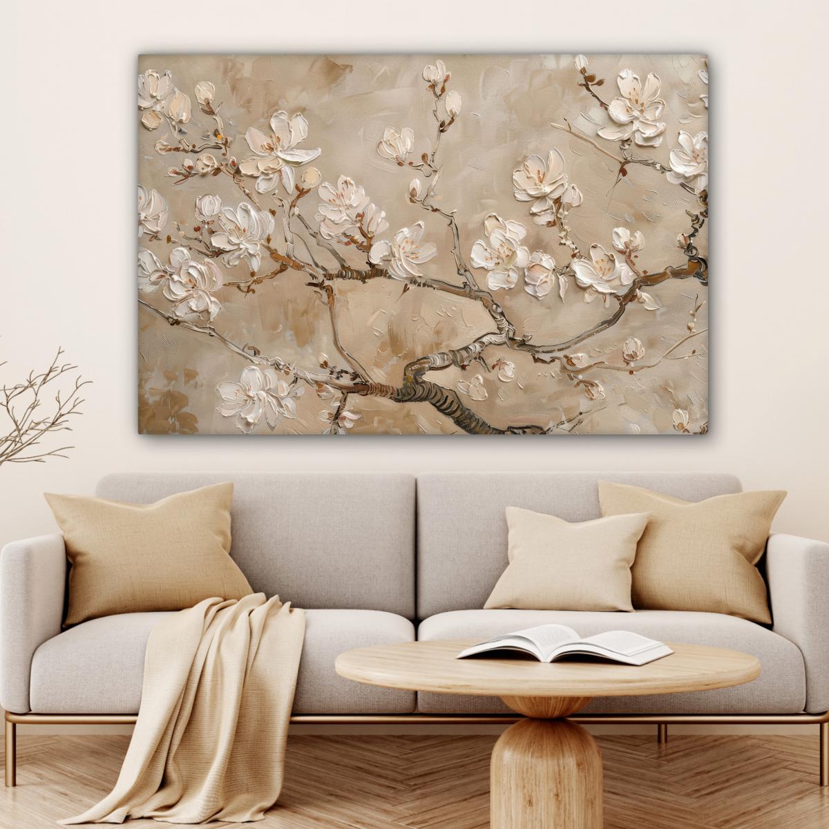 LEINWANDBILD Blumen - Modern - Beige - Weiß - Blüte Groß 140x90 cm - Beige, Textil (140/90cm) - MuchoWow