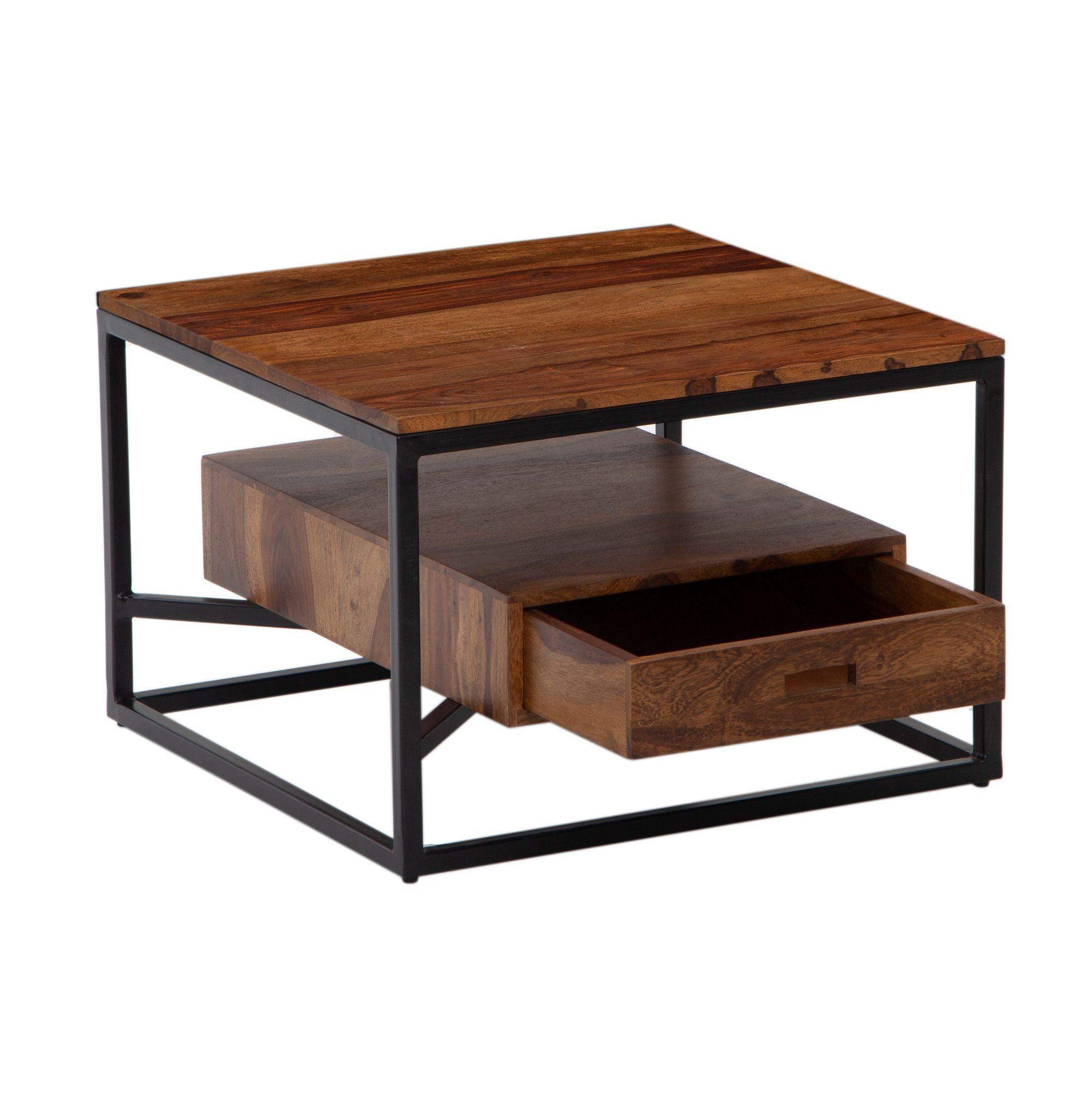 COUCHTISCH Quadratisch in Massivholz und Metall, mit Schublade, 60x60x40cm, Moderner Stil - Schwarz/Braun, Holz/Metall (60/60/40cm) - KADIMA DESIGN