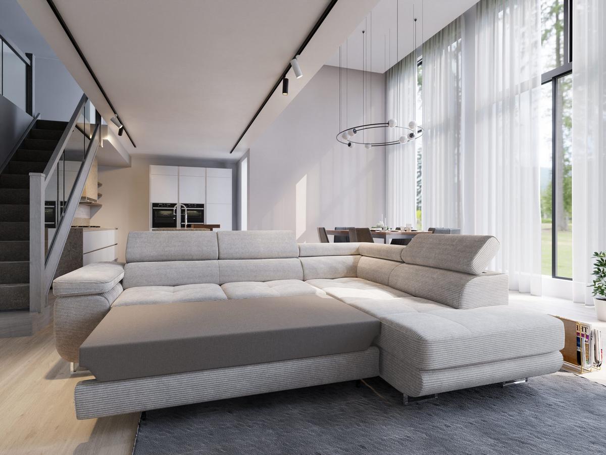 ECKSOFA APIRO R-S Creme Kordstoff mit Schlaffunktion - Silberfarben/Creme, Holz/Textil (276/202cm) - MASSENO
