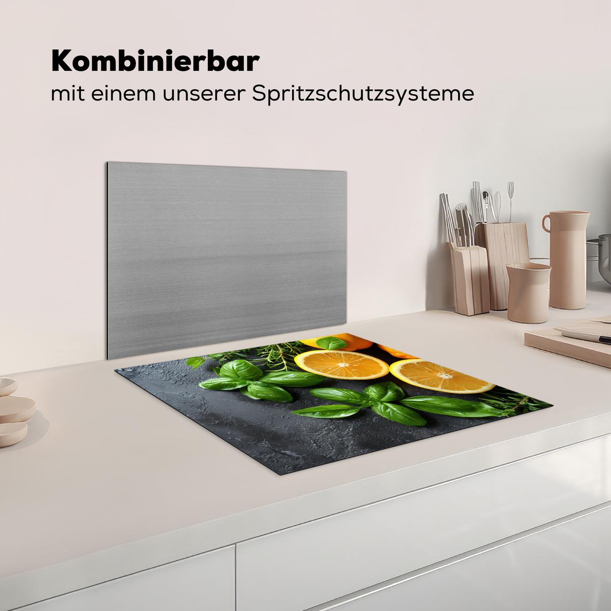 HERDABDECKPLATTE Obst - Grau - Konkret - Orange - Pflanzen Abdeckung Ceranfeld 57.6x51.6 cm - Anthrazit, Kunststoff (57.6/51.6/0.2cm) - MuchoWow