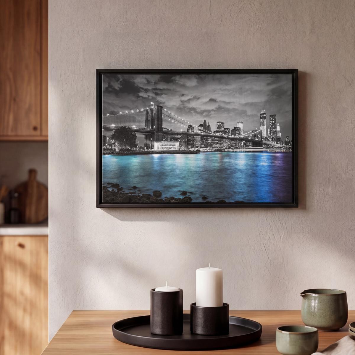 LEINWAND Bilder mit Rahmen - New York - Skyline - Stadt - Blau - 30x20 - Blaugrau, Textil (30/20cm) - MuchoWow