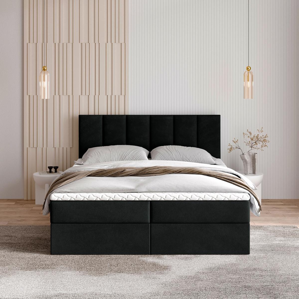 BOXBETT MERIL 180x200 cm mit Matratze und Topper - Schwarz - Schwarz, Holz (180/200cm) - MASSENO