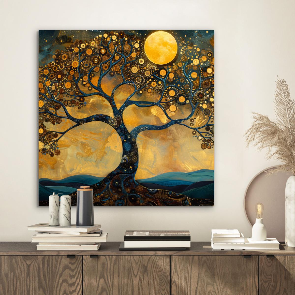 METALLBILD Baum - Mond - Blumen - Gold - Kunst 50x50 cm - Orange, Metall (50/50cm) - MuchoWow